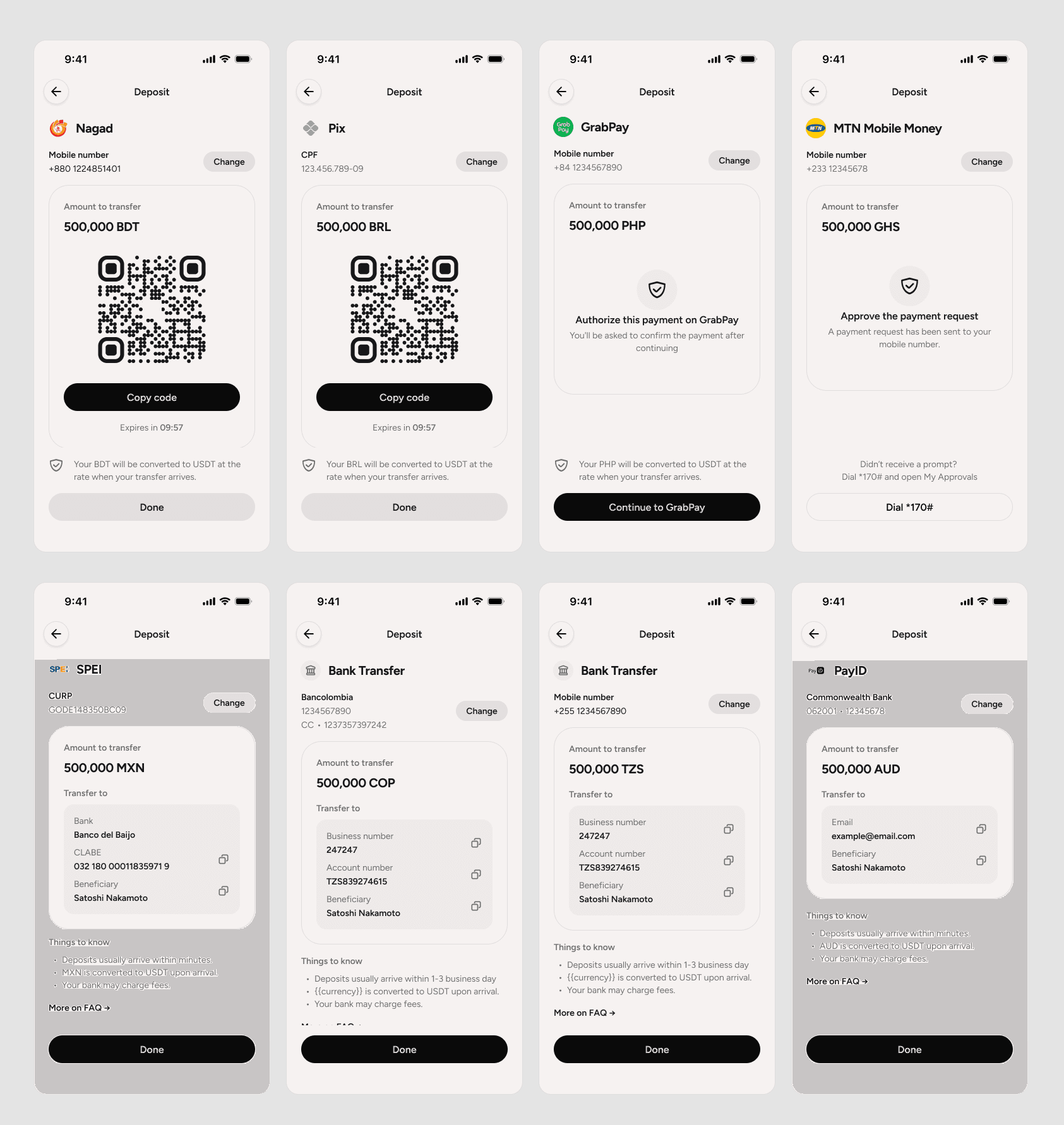 **One size does not fit all.** Familiar deposit methods and instructions for everyone to ensure task completion without any difficulties. Consistent UI and flows ensures familiarity for those who move money across borders.