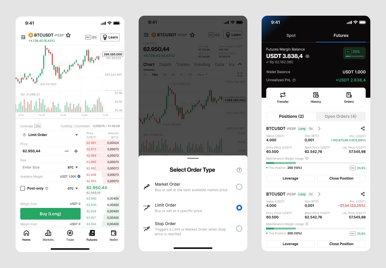 **Powerful, but built for experts.** Pintu Pro Futures — app and web, cross margin, TP/SL, stop orders, time-in-force. An excellent terminal for traders who already know the mechanics.